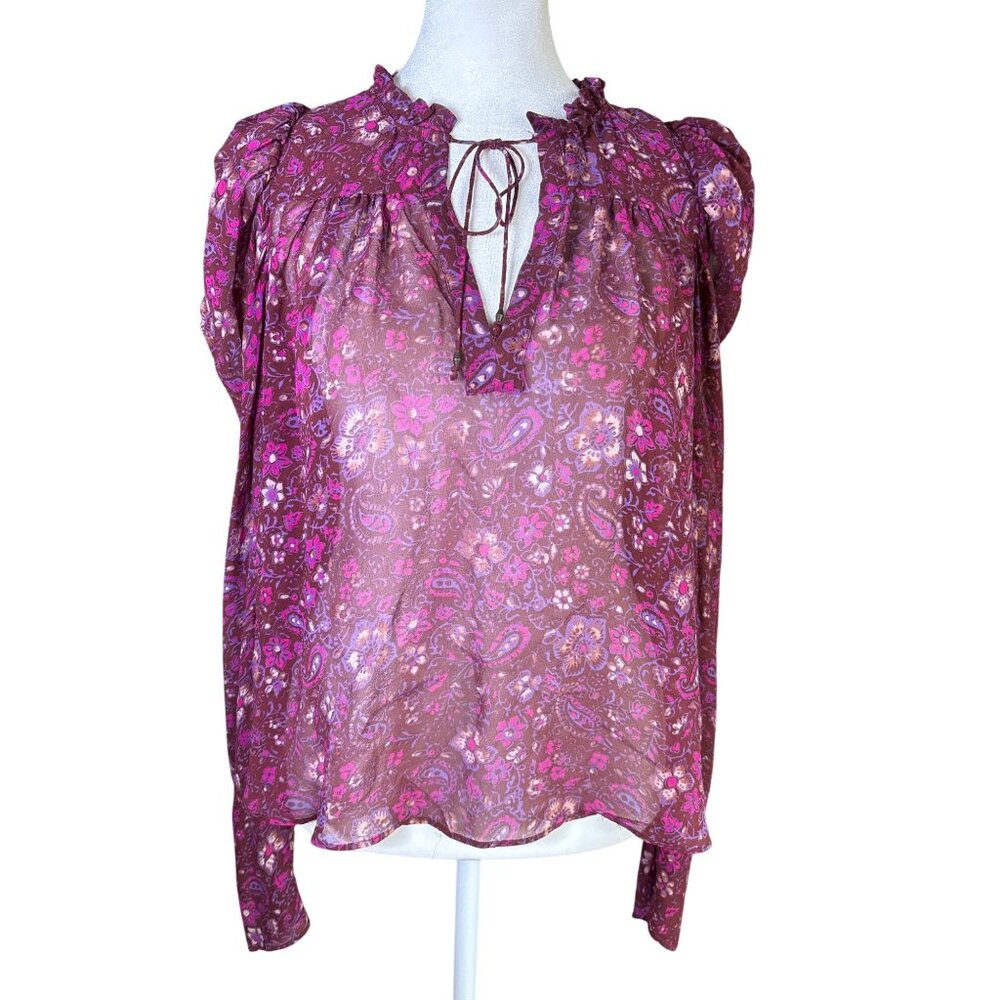 Ulla Johnson Blouse Size Medium Floral Print‎ Tie Neck Ruffle Silk Magenta Pink